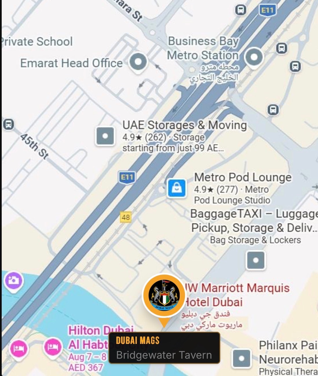 Map of Business Bay area showing Dubai Mags at JW Marriott Marquis Hotel, near Business Bay Metro Station and Sheikh Zayed Road (E11)